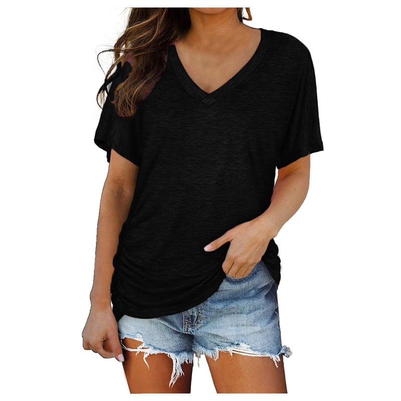 

Women' T Shirts Summer Women Oversized Shirt Womens Short Sleeve V Neck Solid Tops With Side Shirring Female Streetwear Top Clothes, Black