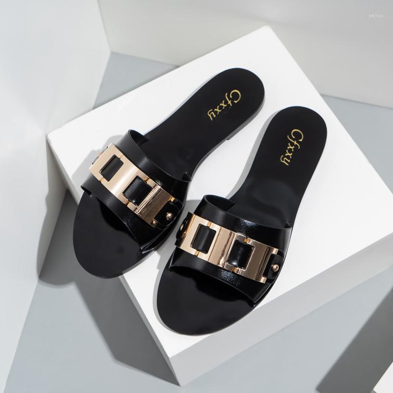 

Slippers Woman Fashionable Metal Buckle Flip Flop Open Toe PU Vamp Flat For Female Outdoor Beach Summer Shoes Women's Sandals, Black