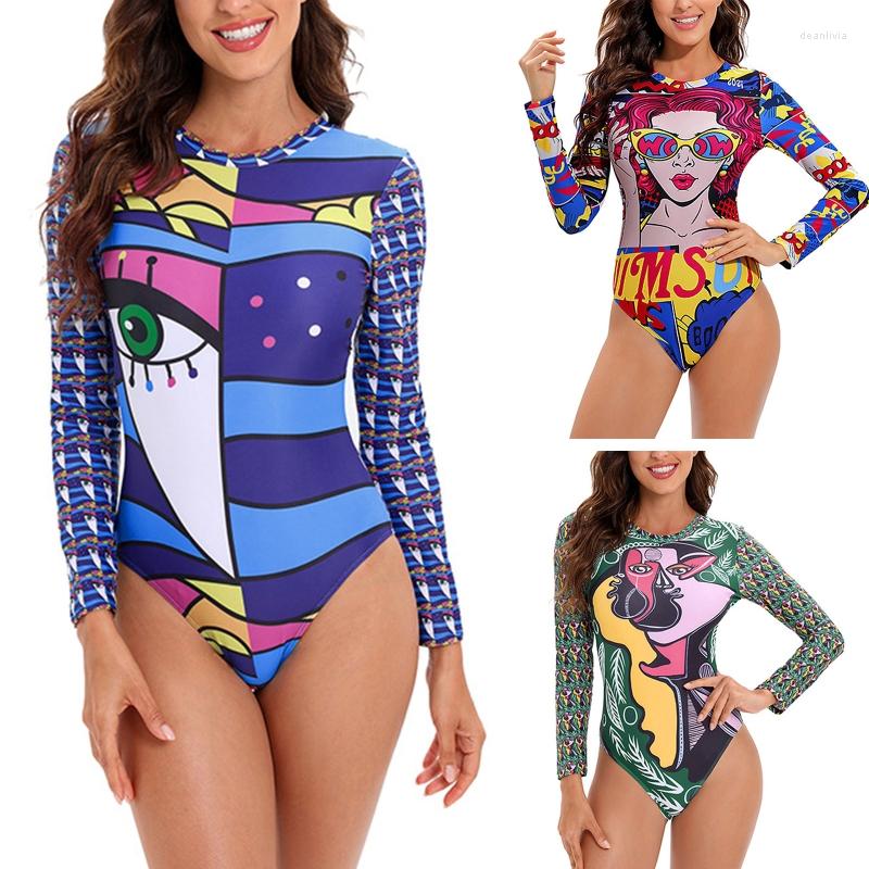 

Women' Swimwear Conservative Long Sleeve Swimsuit Printed High Leg Bikini Tradition One-piece Swimming Suits 24BD, Green