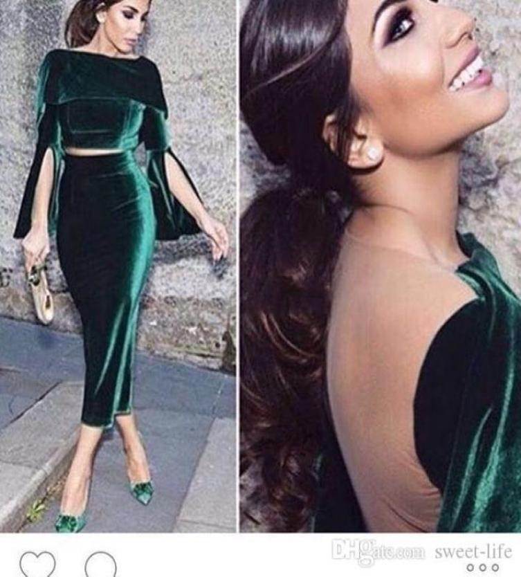 

2019 Fashion Two Pieces Robe Dubai Vintage Green Velvet Evening Party Dress Short Formal Gowns TeaLength Arabic Cocktail Dresses 6708294, Water melon