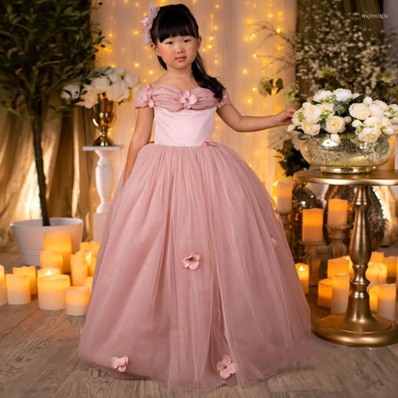 

Girl Dresses Blush Flower Dress For Wedding Off The Shoulder Tulle Ruffles Cotton Lining Girls Birthday Party Gown, Pink