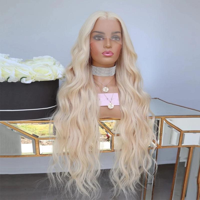 

Top Closures Natural Wave Platinum 613 Blonde Soft Hair Lace Frontal Synthetic Front For Women Glueless Daily Use, Lace front wig
