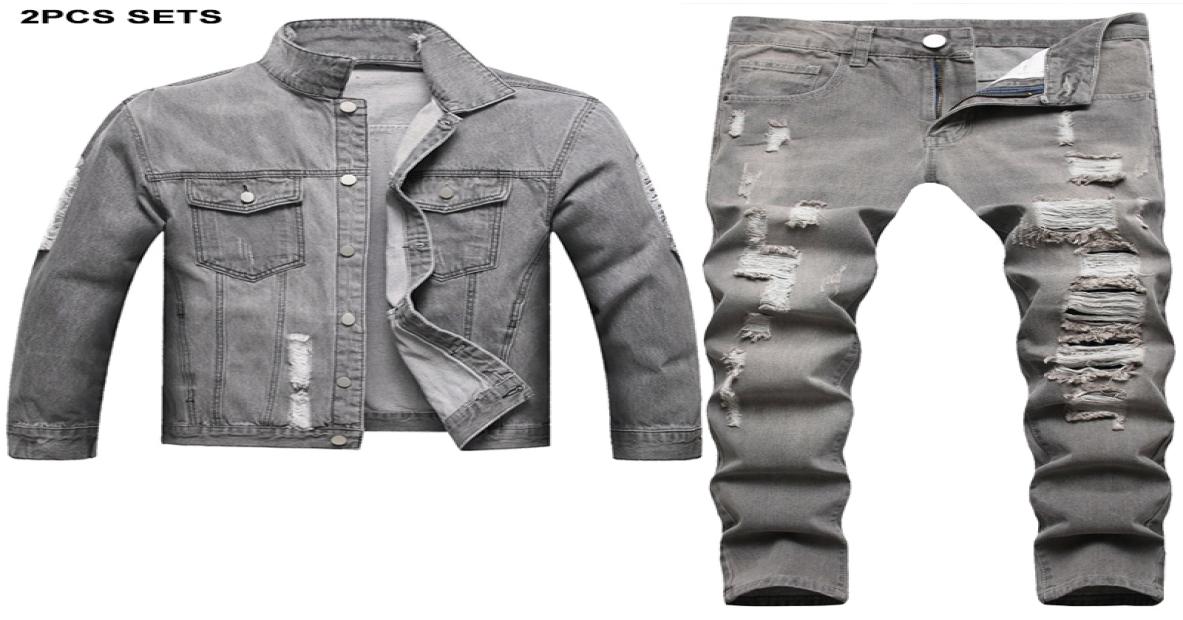 

Solid Color Tracksuits Gray Vintage Men039s Sets Ripped Hole 2pcs Jeans Set For Men Side Slit Pocket Casual Loose Denim Jacket 9146260, Blue