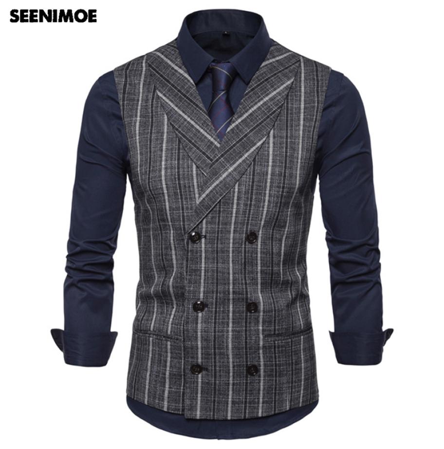 

Seenimoe Mens Striped Plaid Formal Blazer Vests Casual Double Breasted Men Vest suit EU Size SXXL Male Casual Waistcoat 2011054085115, Champagne