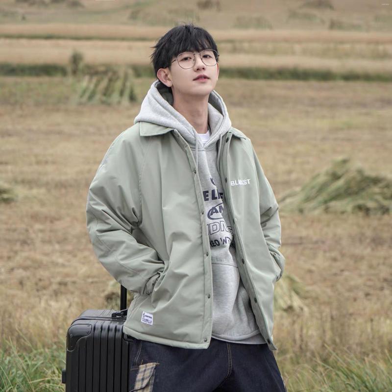 

Men's Down Winter Cotton Clothing Printing Retro Wild Hong Kong Style Casual Student Coat Season Couple Jacket, 8922green