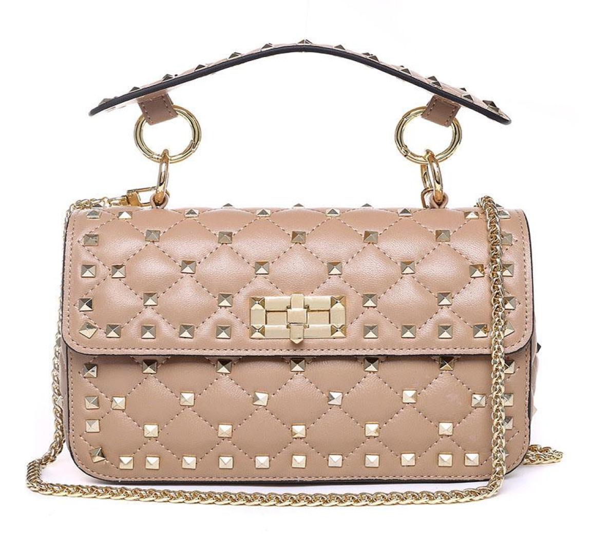 

Genuine Leather Rivet Shoulder Bags for Women 100 Sheepskin Ladies Fashion Chain Crossbody Bag Designer Apricot Clutches4780422, Khaki