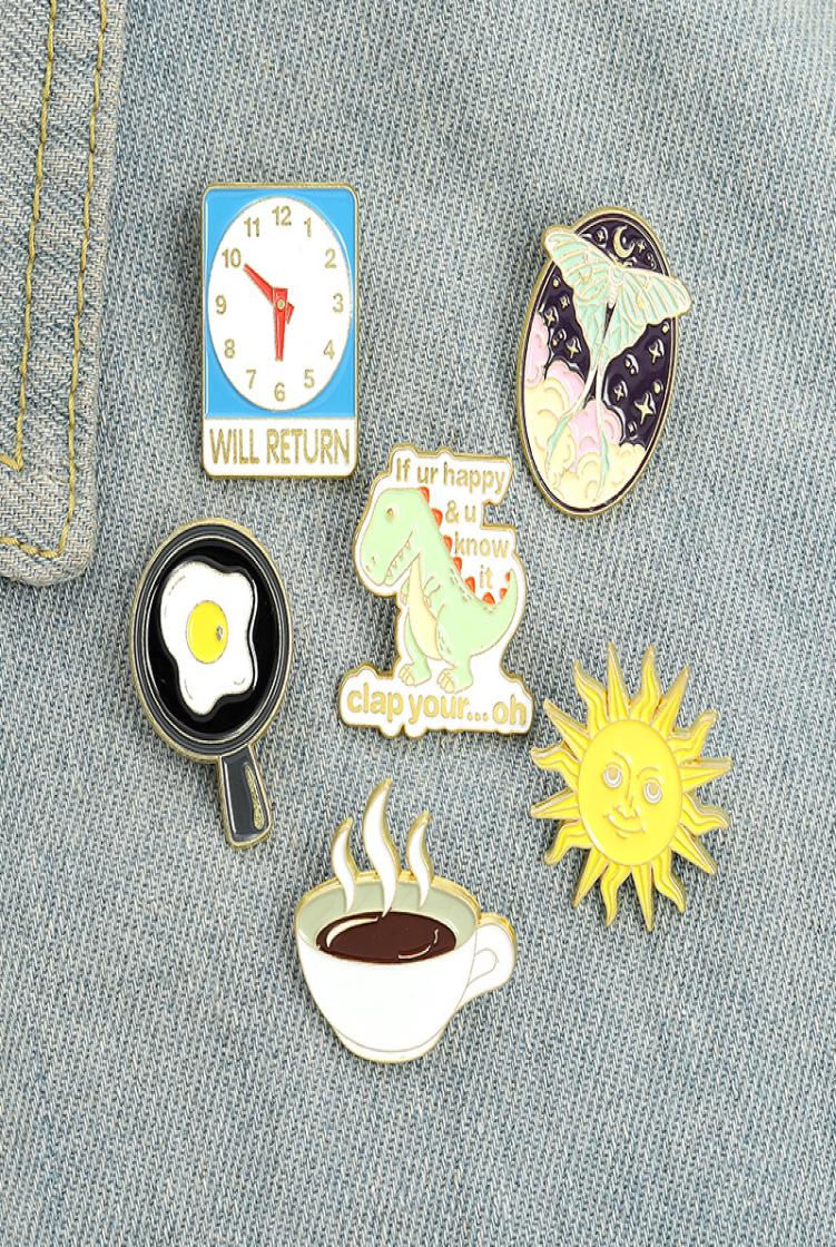 

Creative Fun Animal Dinosaur Butterfly Star Sun Enamel Pins Fried Egg Coffee Clock Alloy Brooch Badge Women Jewelry Gift2784805, White