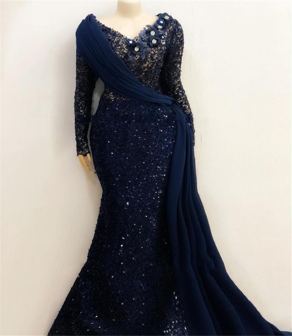 

African Long Sleeves Lace Mermaid Evening Dresses 2022 Aso Ebi Long Sleeves Pleats Navy Blue Prom Gowns Robe De Soiree1781563, Same as picture