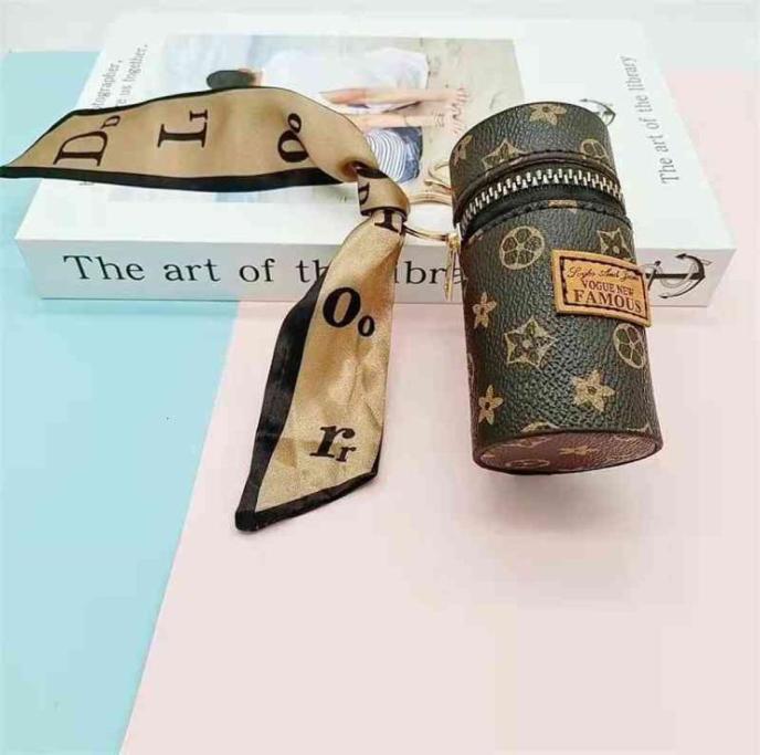 

Mini PU leather lipstick organizer case key chain rings silky scarf decor designers classic lippie lipsticks holders makeup bag cy2580465, Brown