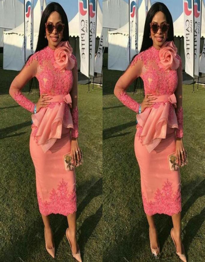 

African Appliqued Lace Evening Dresses Long Sleeves Evening Gowns Tea length Sheath Short Prom cocktail Dress Custom Made9219731, Coral
