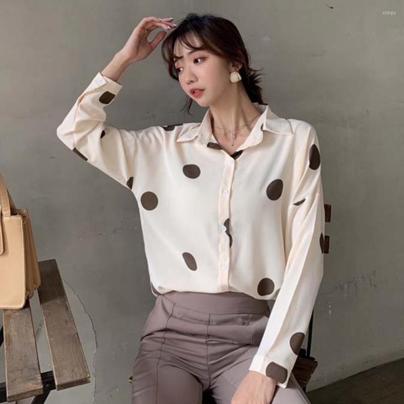 

Women's Blouses Women Polka Dots Print Blouse Shirt Vintage Autumn Button Long Sleeve Lapel Elegant Office Ladies Top, Blue