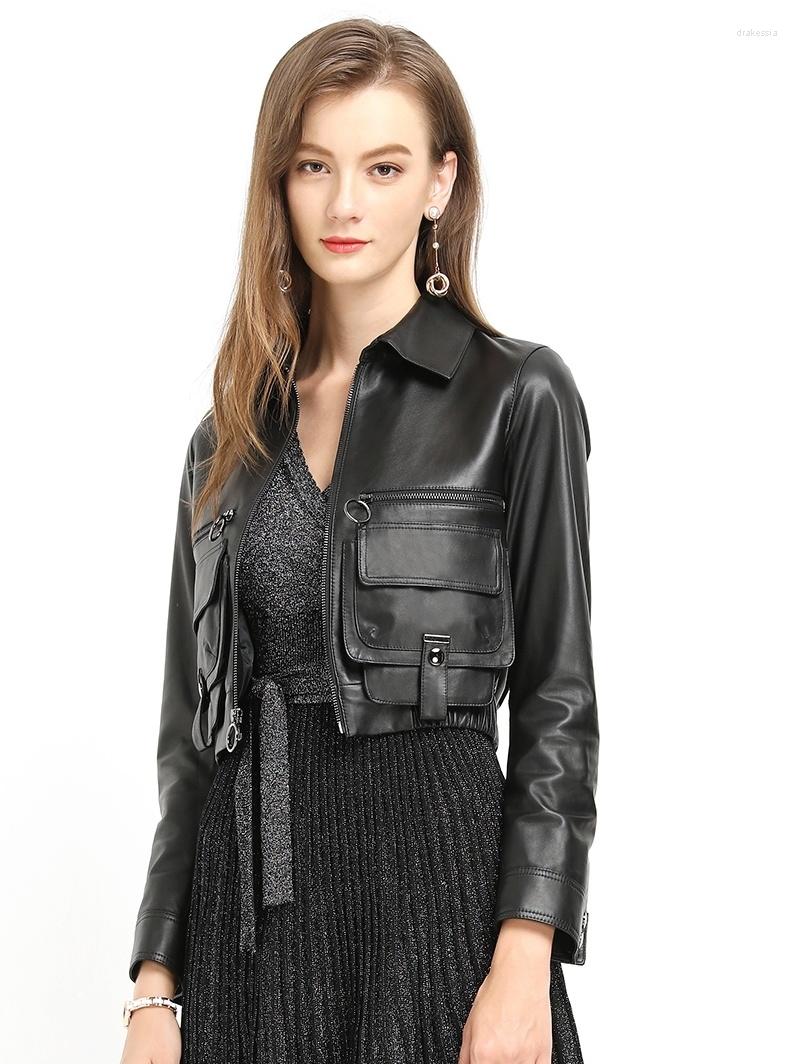 

Women' Leather 2023 High Quality Genuine Jackets Women Short Coat Female Spring Autumn Real Sheepskin Women' Coats Mujer Chaqueta Zjt1, Camel