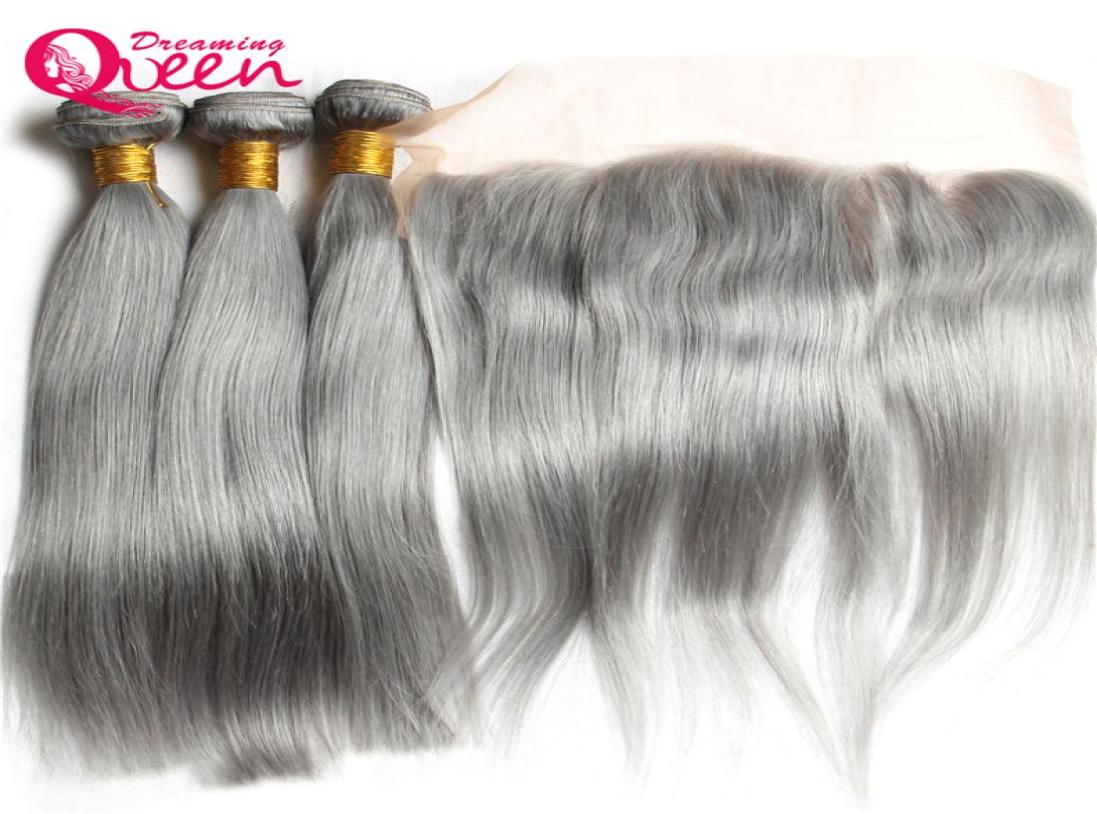 

Grey Straight Hair Ombre Brazilian Virgin Human Hair Weave Extension 3 Bundles With 13x4 Lace Frontal Closure Gray Bleached Knot F5588111, Ombre color