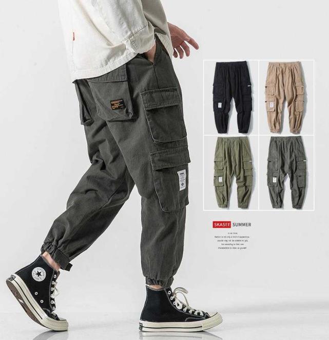 

2021 Autumn High Quanlity Men039s AnkleTied Casual Trousers Korean Style Trendy Men039s Cargo Pants Loose Army Gray Cropped3032263, Army green