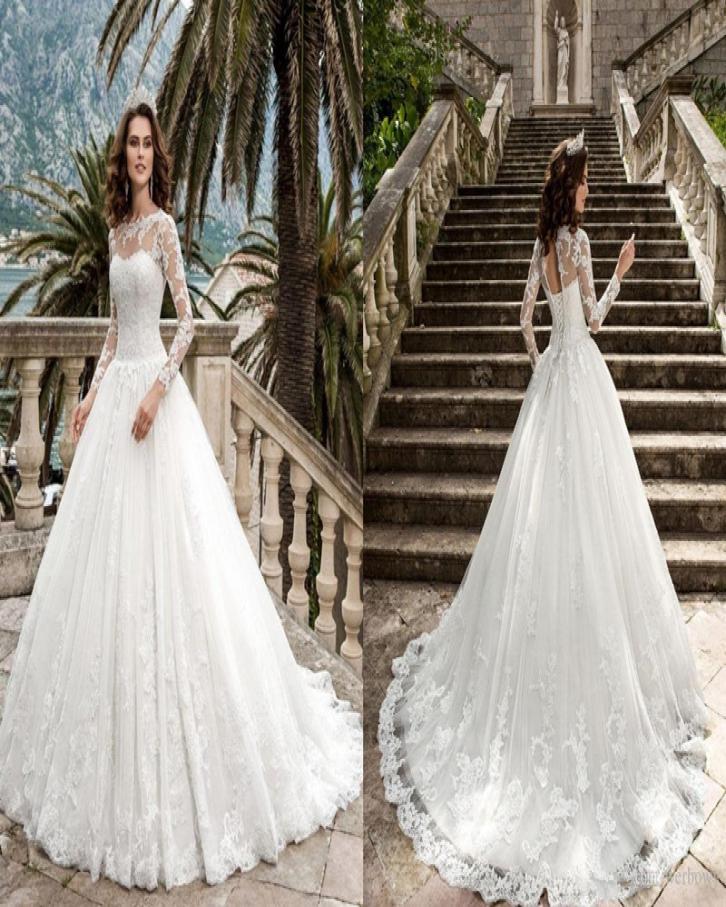 

2020 New Queen Vestios De Novia Aline Wedding Dresses Sheer Long Sleeves Lace Corset Back Vintage Bridal Gowns1641596, Ivory