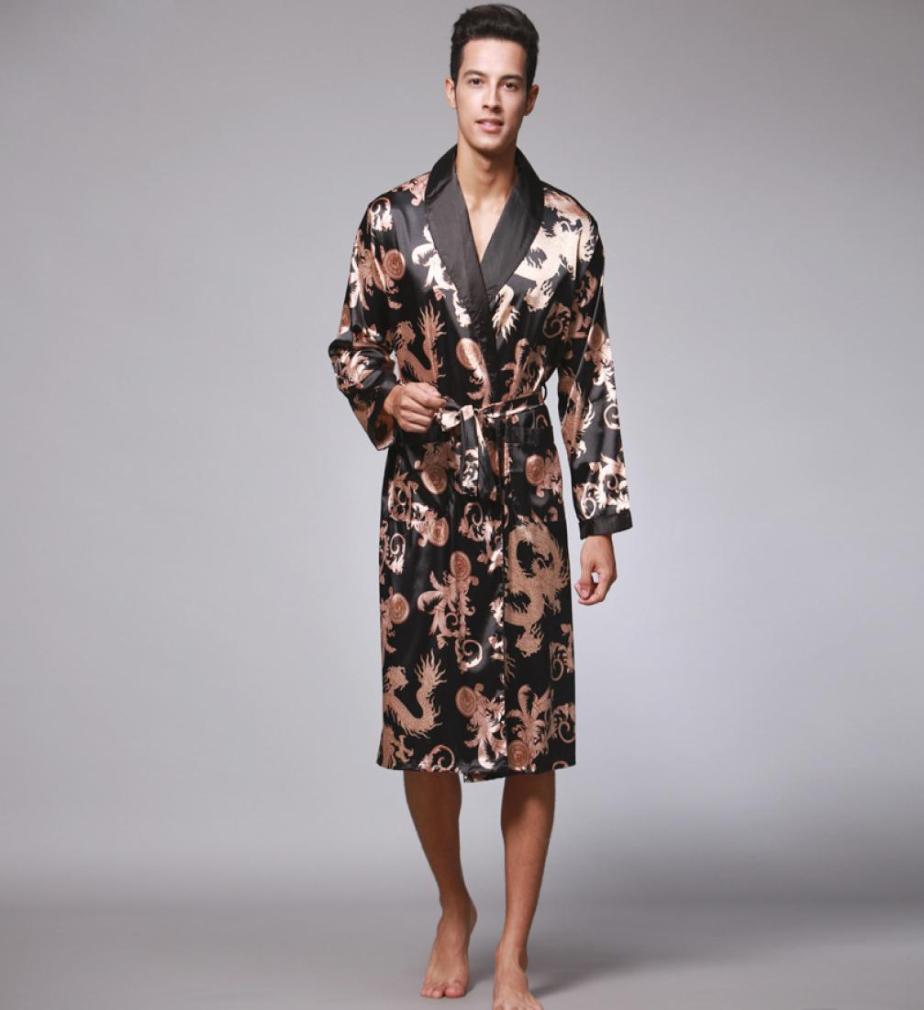 

Summer Dragon Bathrobe For Men Print Silk Robes Male Senior Satin Sleepwear Satin Pajamas Long kimono Men Gown Bathrobe8117465, Brown