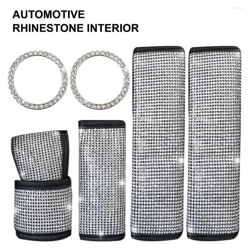 

Steering Wheel Covers 6pcs Shiny Car Interior Set For Women Bling Rhinestone Kit Seat Belt Cover Handbrake Gear Shift Engine Start Button