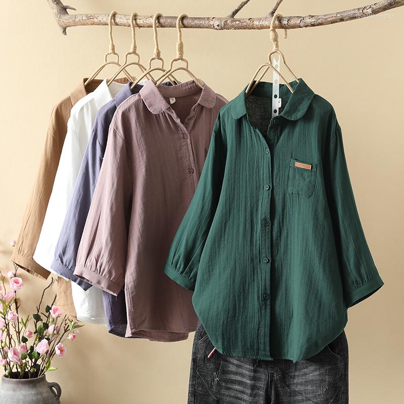 

Women's Blouses Double Layer Cotton Yarn Medium Sleeve Shirt Women 2023 Summer Solid Color Ladies Loose Blouse Tops Office Lady Clothes, 0 (10)