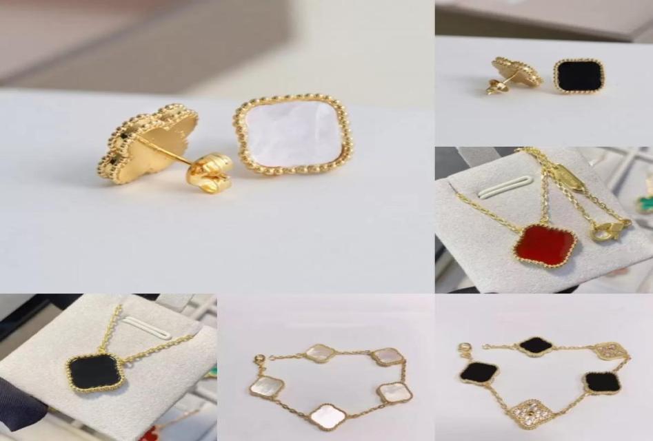 

Four Leaf Clover Necklace Designer Jewelry Set Pendant Necklaces Bracelet Stud Earring Gold agate Mother of Pearl Green Flower Nec8062522