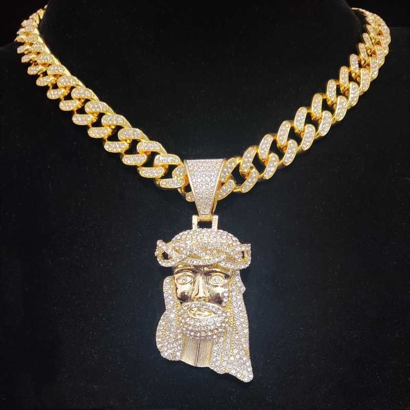 

Men Hip Hop Jesus Shape Pendant Necklace with 13mm Cuban Chain Iced Out Bling Hiphop Necklaces Fashion Jewelry Gifts