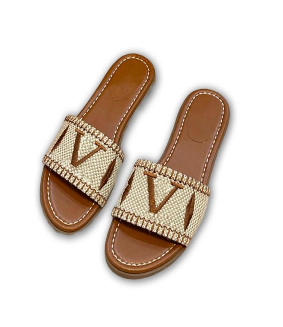 

Straw Woven Sliders Beach Shoes Flat Slide Designer V Slippers Women Flip Flops Sandals Luxury Slide Desinger Shoes Womens Designe2767321, Chocolate