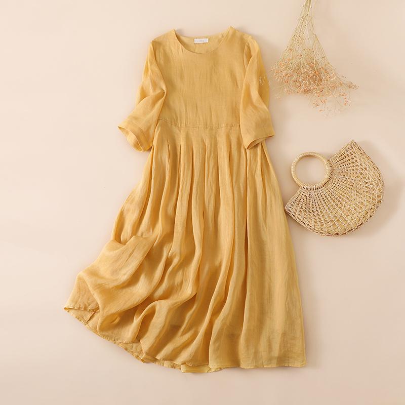 

Dresses Linen Cotton Long Maxi Dress Summer Women Soft Big Swing Beach Long Dresses O Neck Solid High Waist Vestidos Vintage Loose I231, Yellow