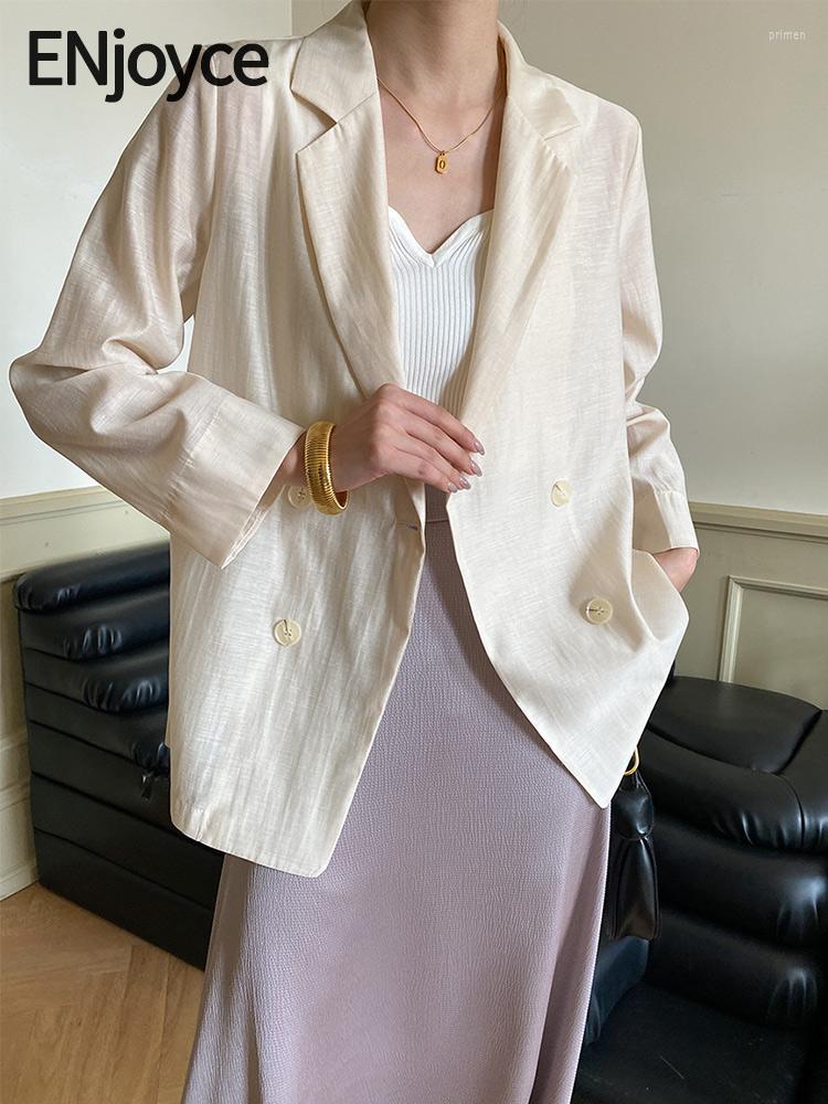 

Women's Suits ENjoyce Spring Summer Women Vintage White Thin Suit Blazer Ladies Workwear Casual Three Quater Sleeve Sun Protection Jacket, Beige