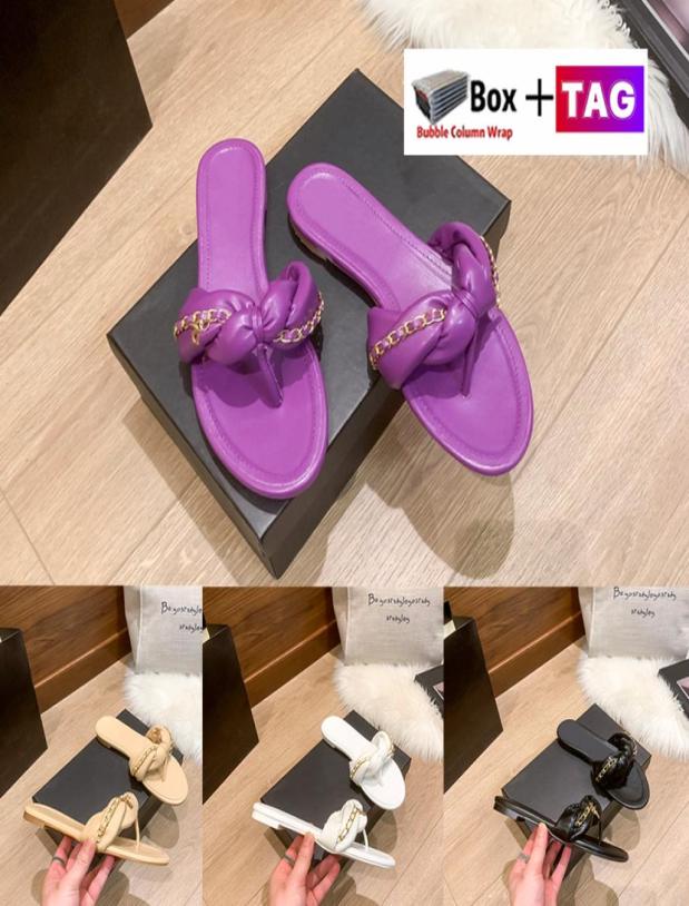 

Beach Sandals famous Designer women Flip Flops Sandal Lambskin Chain embellished Slide Flat Slippers rubber slides ladies leather 4844135, Black
