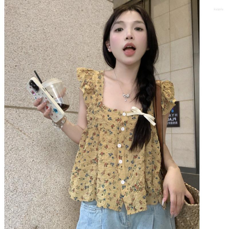 

Women' Blouses Korejepo French Vintage Blossom Shirt Women' Summer Outwear Flying Sleeves Tank Top 2023 Strap Sleeveless Age Reducing