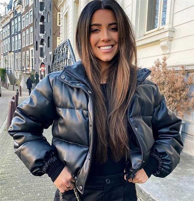 

CP Winter Thick Warm Short Parka Fashion Black PU Leather Coats Elegant Zipper Cotton Jackets Female Ladies 2111115281052, Brown
