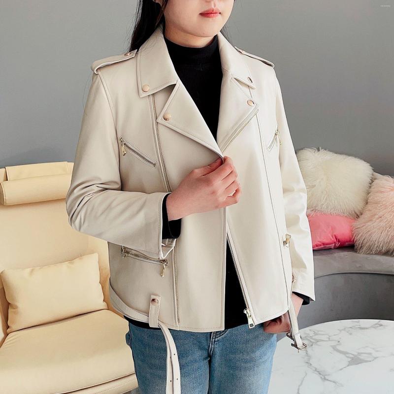 

Women's Leather JANEFUR Genuine Jacket Women 2023 White Streetwear Fashion Moto Biker Zipper Real Sheepskin Coat, As shown