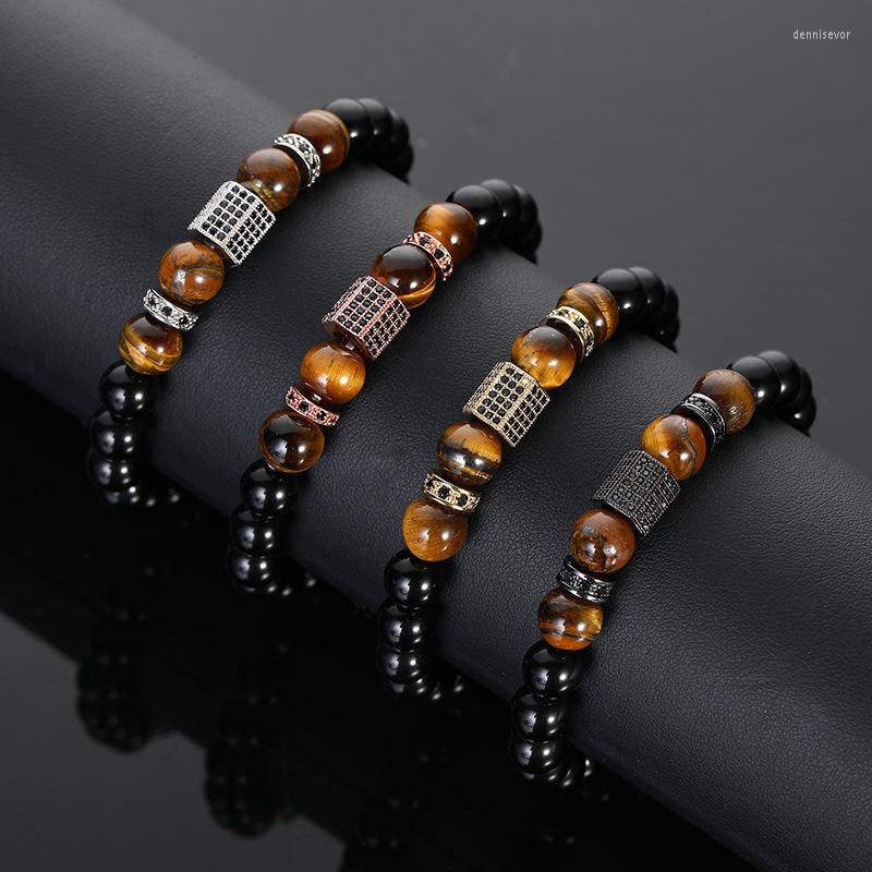 

Charm Bracelets Matte Onyx Stone&Tiger Eye Combination Stitching With Cubic Zircon Hand Jewelry Beads Bracelet Elastic Stretch Men
