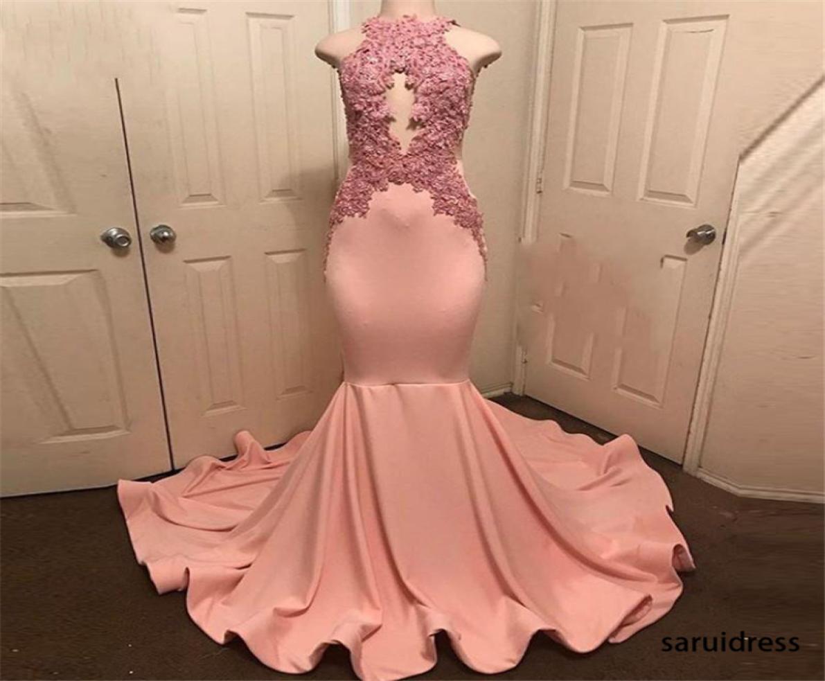 

Halter Neck Sleeveless Robe De Soiree Party Dress Abiye PeachPink Mermaid Prom Gowns Lace Appliques Long Prom Dress Formal Dress7716363, White