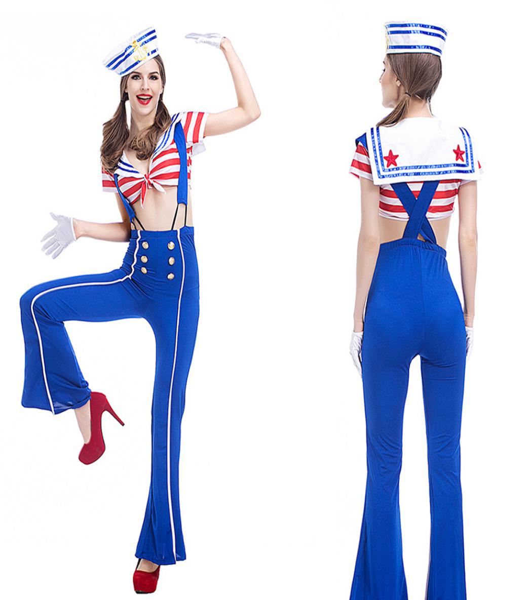 

Women Sexy Sailor Costume Tops And Long Pants Stripe Navy Uniforms Naughty Halloween Sailor Cosplay Costume5083202, Blue