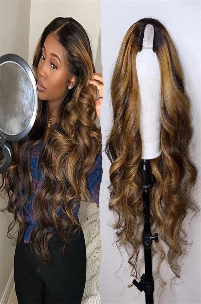 

150 Density Brazilian Remy Hair Wigs Blond Middle Open Ushape 2x4quotLoose Wave Honey Blonde Highlight Human Hair U Part Wig8421880, Ombre color