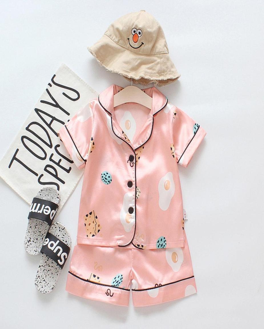 

Summer Children Pajamas set home sleepwear Toddler Kids short sleeve home sleepwear Boys Girls satin cartoon bear infant Baby nign8589753, Ivory