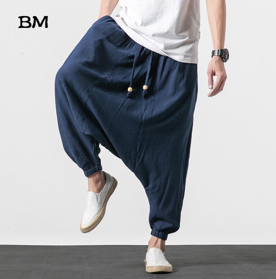 

Chinese Style Cotton Linen Men039s CrossPants Hip Hop Elastic Waist Loose Baggy Hakama Harmen Pants Harajuku Wide Leg Trousers1850114, Black