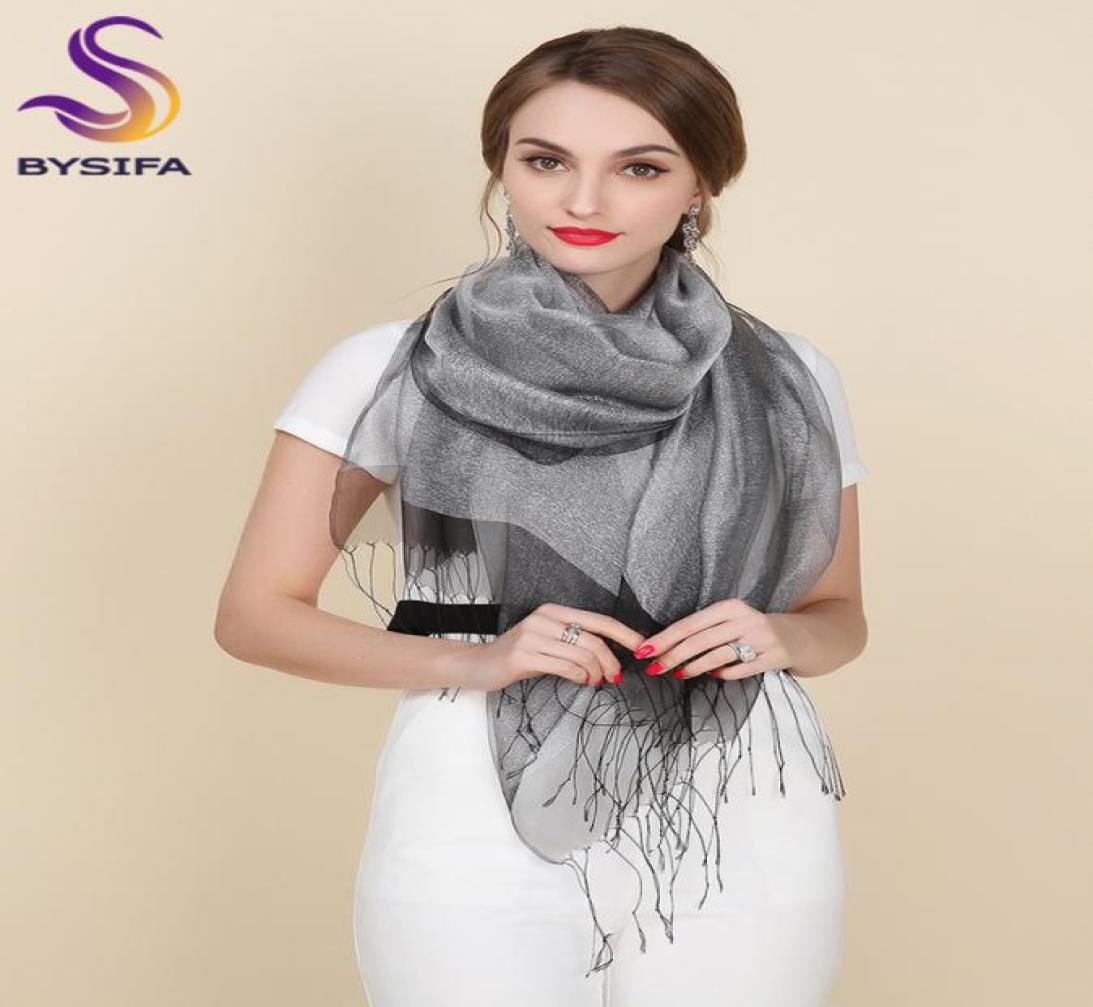 

New Elegant Organza Silk Scarf Shawl Fashion 100 Mulberry Silk Silver Grey Female Long Scarves Autumn Winter Ladies Tassel Cape S7820299