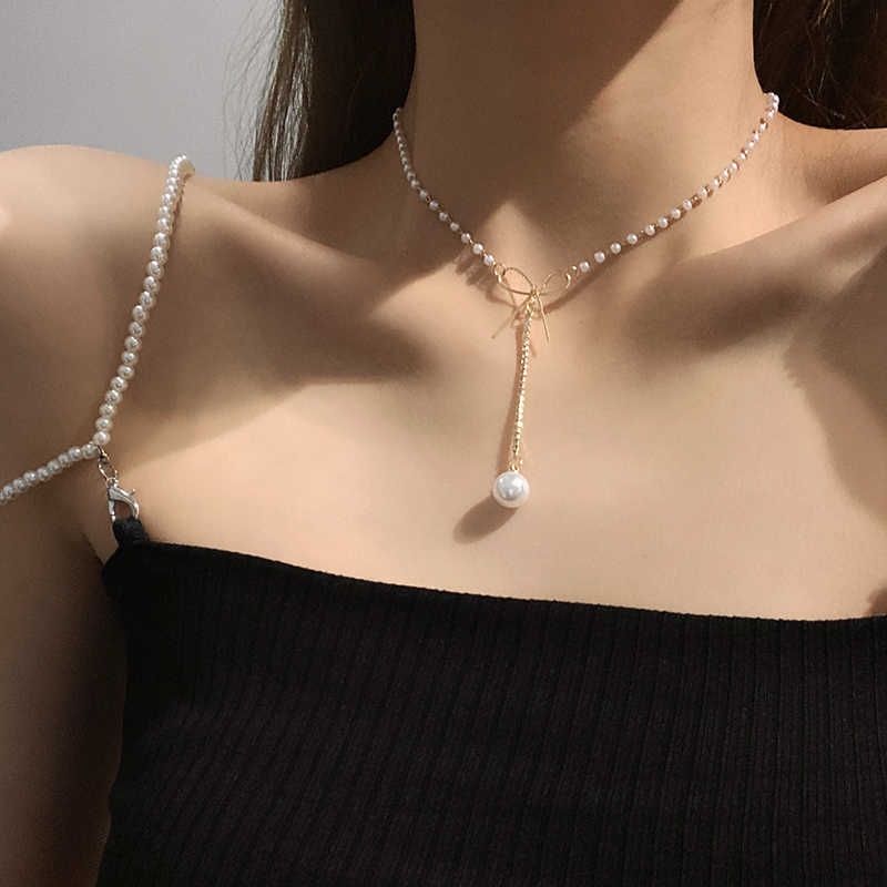 

Pendant Necklaces Chokers Pearl Ball Pendants Choker for Women Fairy Gold Color Bowknot Necklaces Korean Fashion Rhinestone Elegant Party Collar AA230526