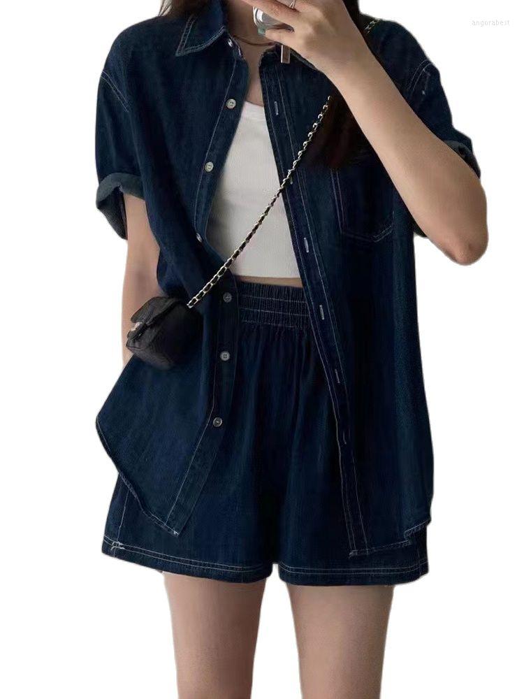 

Women's Tracksuits Casual Set Short Sleeve Loose Denim Shirt Elastic Waist Wide Leg Shorts Two Piece 2023 Korean Fashion Clothing, Deep blue