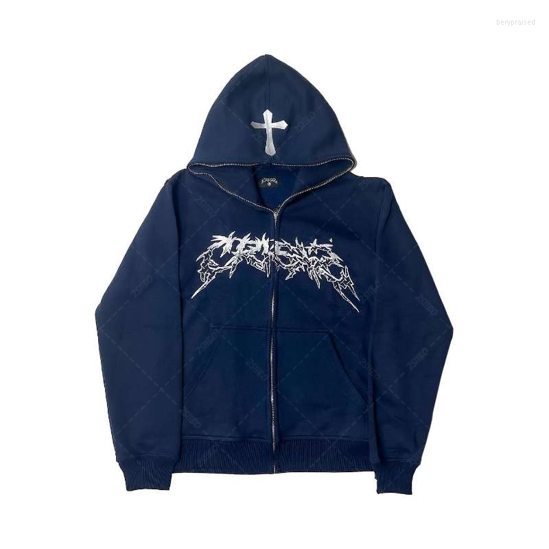 

Men' Hoodies 2023 Clothes Cross Letter Printing Retro Oversized Hooded Sweater Men Y2K Street Hip-hop Harajuku Casual Zipper, Black