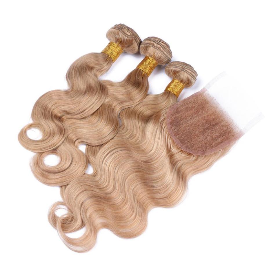 

Brazilian Honey Blonde Human Hair Weaves With Lace Closure 4Pcs Lot 27 Light Brown 4x4 Front Lace Closure With Body Wave 3Bu2339973