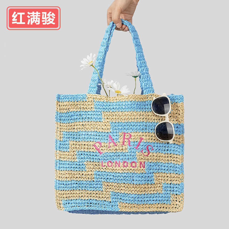 

The same handmade embroidered letter woven bag for women, contrasting paper woven shoulder bag, summer seaside vacation handbag 230527, Blue and beige