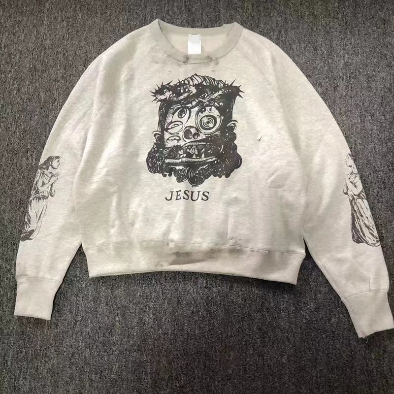 

Men Designer Hoodies Warm Jumper Vintage Hole Cotton Saint Print High Street O Neck Long Sleeve Casual Male Streetwear Sweatshirt Hip Hop Winter Couple For Women, Gray