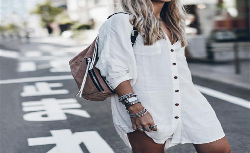 

Summer Beach CoverUp Women Tops Swimsuit Cover Up Plus Size Long Sleeve White Cotton Shirt Dress Fashion Button Beachwear Tunic S2075042