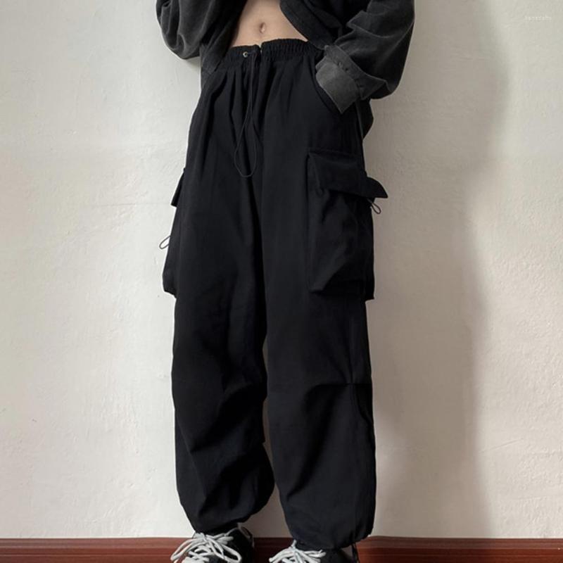 

Men' Pants Men Loose Drawstring Elastic Waist Straight Male Trousers Multiple Pockets Casual Solid Color Cargo For Daily, Black