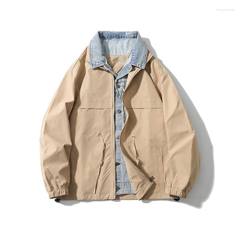 

Men's Jackets 2023 Spring Men's Fake Two Pieces Windbreakers Jeans Spliced Sashes Contrast Khaki Black Casual Jacket Coat Male, Gray