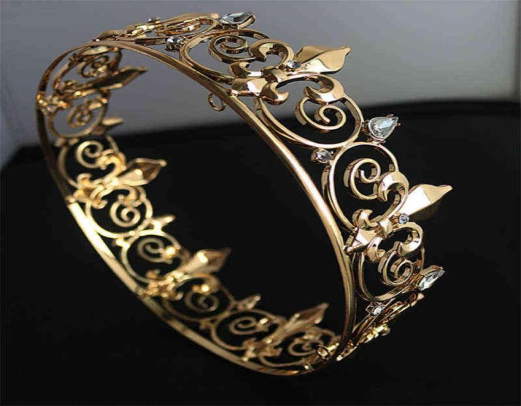 

Baroque Vintage Royal Full Round King Crown Gold Metal Crowns And Tiaras For Men Prom King Party Costume Accessories Head Piece 219700175