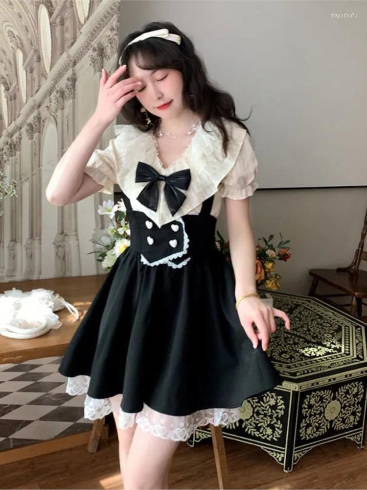 

Casual Dresses HEYDRESS 2023 Summer Elegant Women V-neck Bow Y2k Dress Female Ruffle A-line High Waist Lady Short Sleeve Sweet, Top and dress