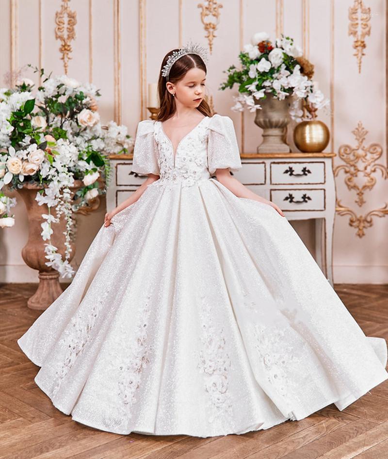 

Girl Dresses Arrival Princess Pageant Gown White Satin Applique Flower Dress Children Party First Communion, Custom made
